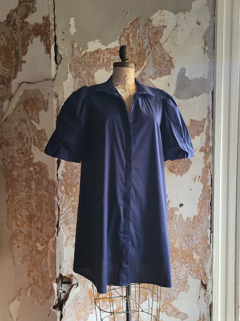 Women's Navy Mini Dress with Puff Sleeves Xl